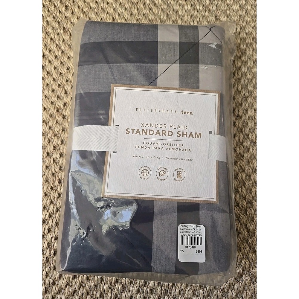 Pottery Barn Teen One (1)  Xander Plaid Cotton Standard Sham 8898 Navy NWT